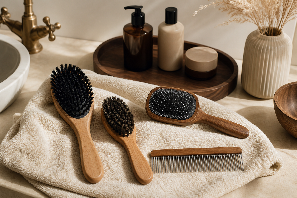 Meravello Daily Grooming Brush Kit arranged on a bathroom vanity towel
