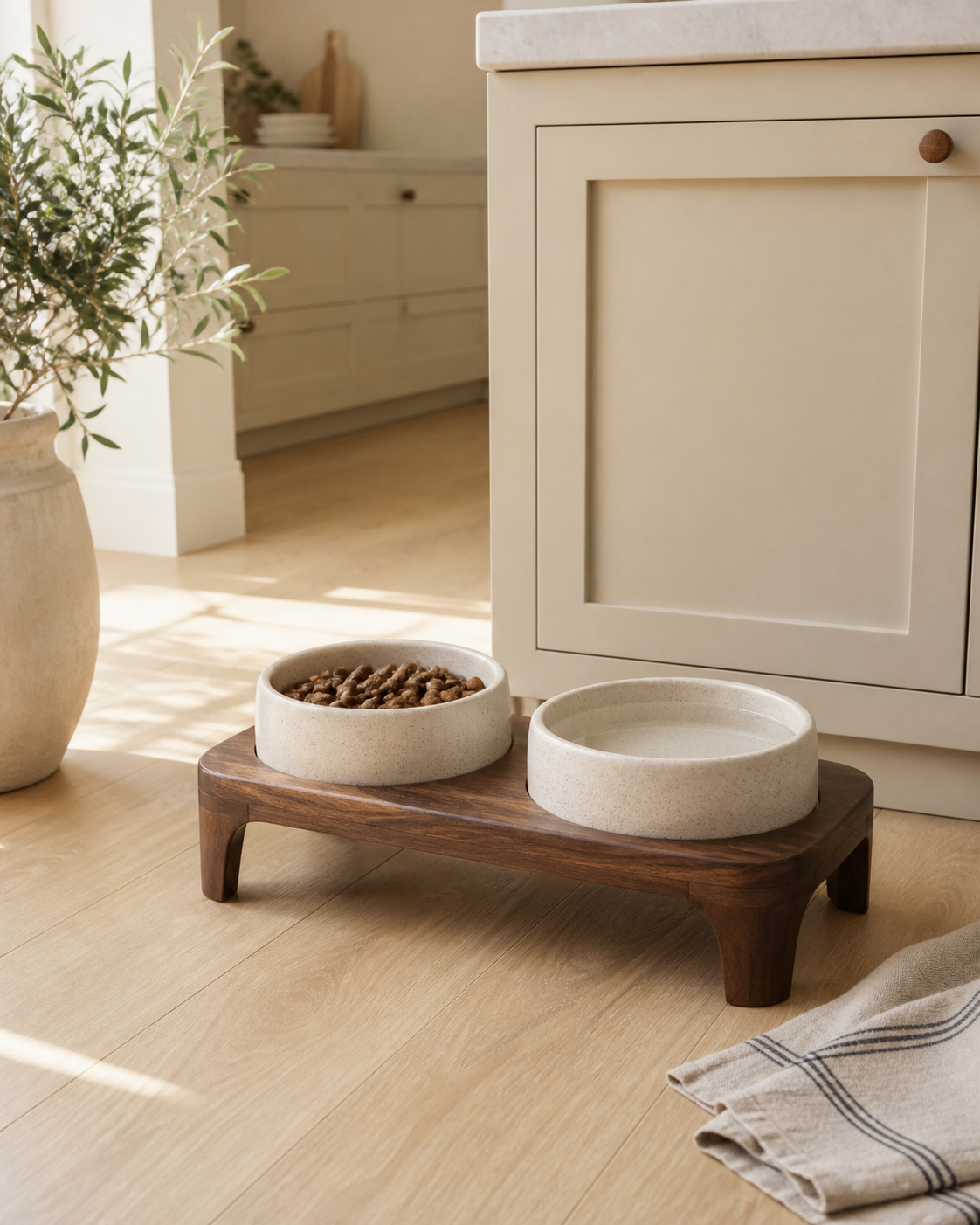 Meravello Ceramic Elevated Pet Bowls in a warm kitchen feeding corner