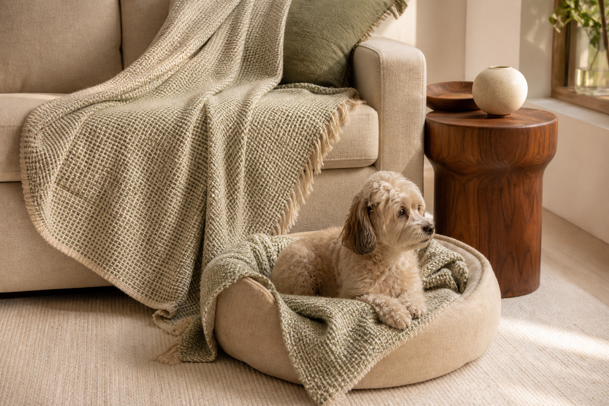 Meravello Woven Cotton Pet Blanket layered on a sofa and pet bed