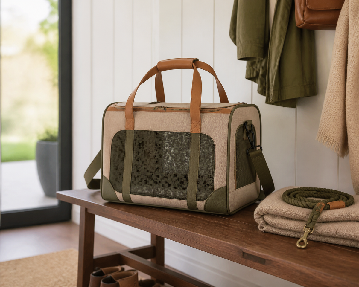 Meravello Weekender Pet Travel Carrier on a walnut entryway bench