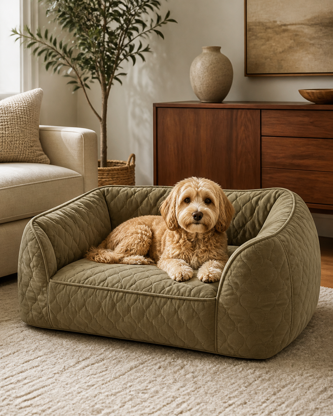Meravello Cloud Comfort Dog Sofa Bed in a modern living room