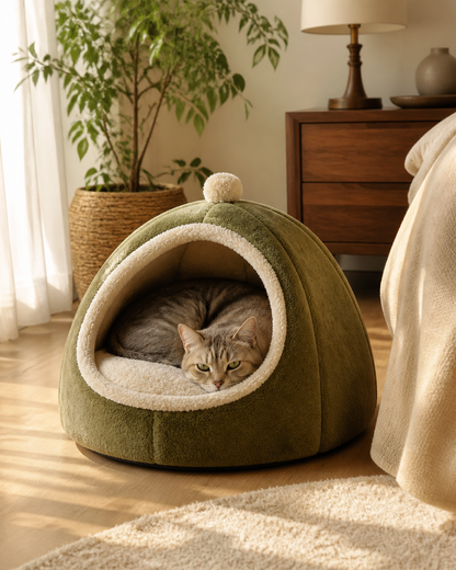 Meravello Cozy Hooded Cat Cave Bed in a warm bedroom corner