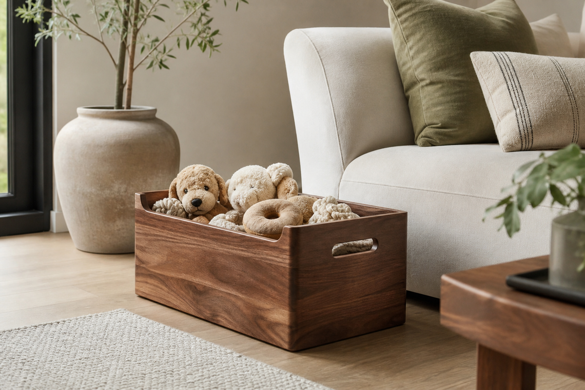 Meravello Wooden Pet Toy Storage Box beside a cream sofa