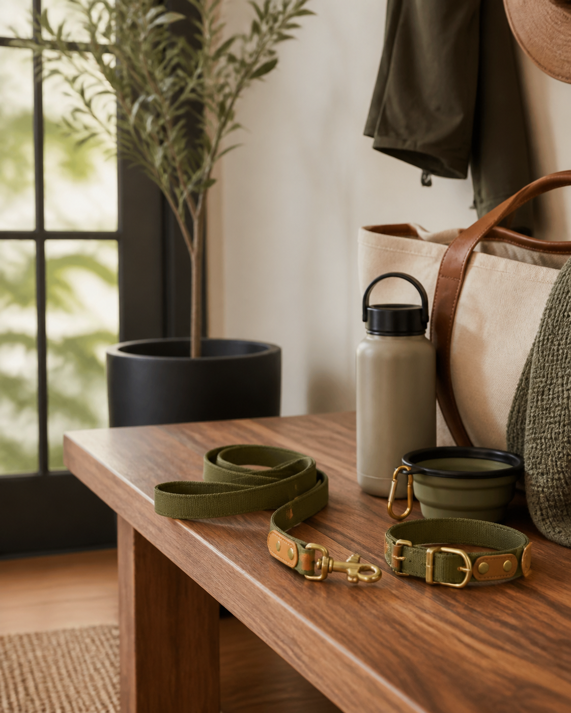 Meravello Adventure Leash and Collar Set styled on a walnut entryway table