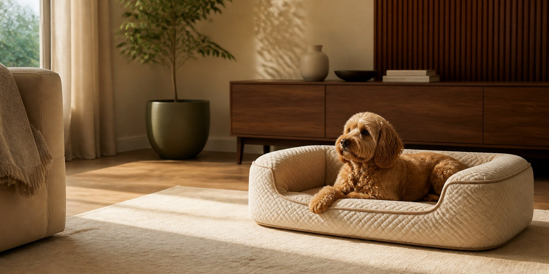 Dog resting in a premium pet bed in a modern home