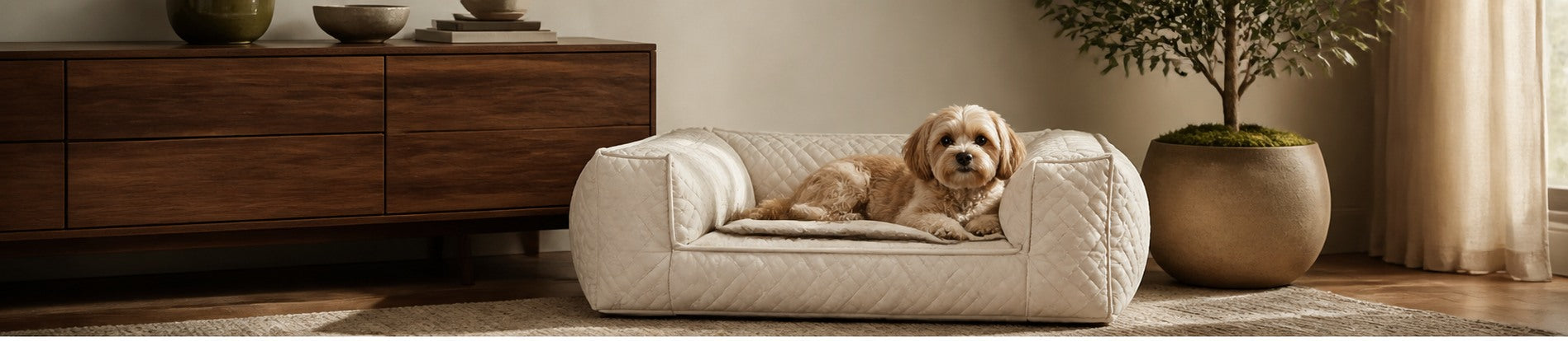Dog resting in a cream pet bed beside walnut furniture