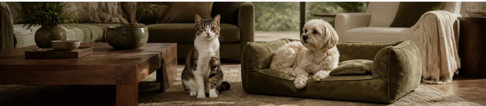 Cat and dog in a warm modern living room